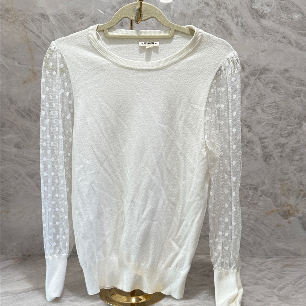 Eesome Ivory Top with Sheer Polka Dot Sleeves